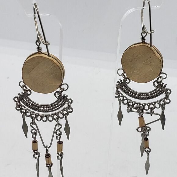 Vintage Earrings Carved Wood & Silver Handmade Boho Long Dangle Drop Ethnic - Picture 4 of 6
